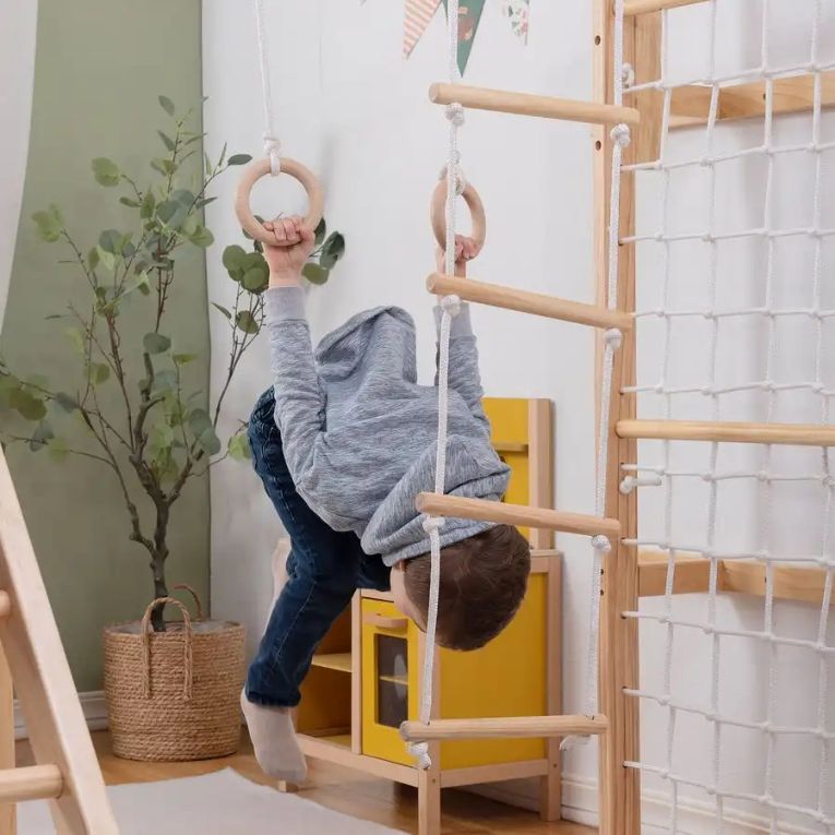 Solid Wood Indoor Climbing Frame Sensory Integration Slide and Swing Jungle Gym with Sensory Features