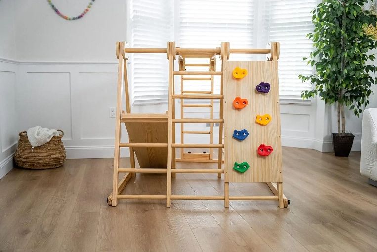 Innovative 7-in-1 Foldable Indoor Play set for Kids 2-6 Jungle Gym with Slide Climb Wall Monkey Bars Swing Climbing Frames