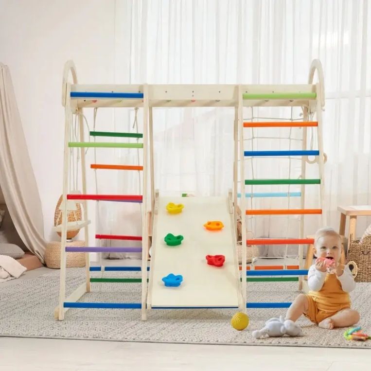 8-in-1 Indoor Playground Jungle Gym for Toddlers Wood Rope Ladder Monkey Bar Swing Slide Kids' Climbing Frames All Wooden Toys