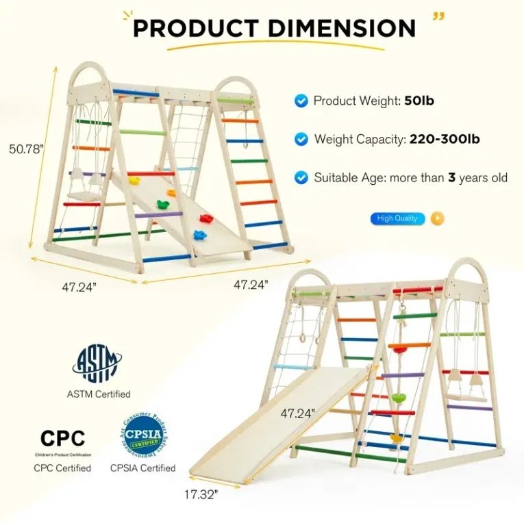 8-in-1 Indoor Playground Jungle Gym for Toddlers Wood Rope Ladder Monkey Bar Swing Slide Kids' Climbing Frames All Wooden Toys