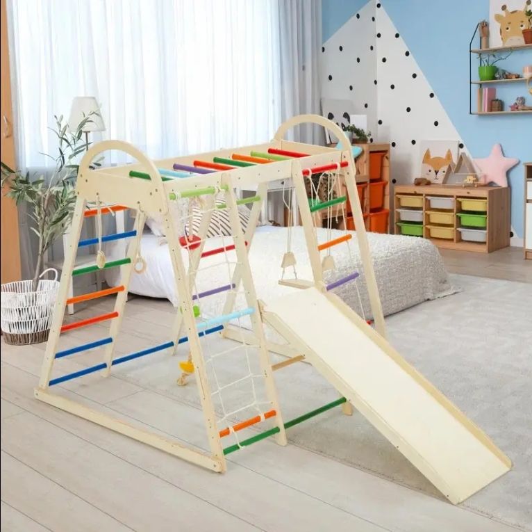 8-in-1 Indoor Playground Jungle Gym for Toddlers Wood Rope Ladder Monkey Bar Swing Slide Kids' Climbing Frames All Wooden Toys