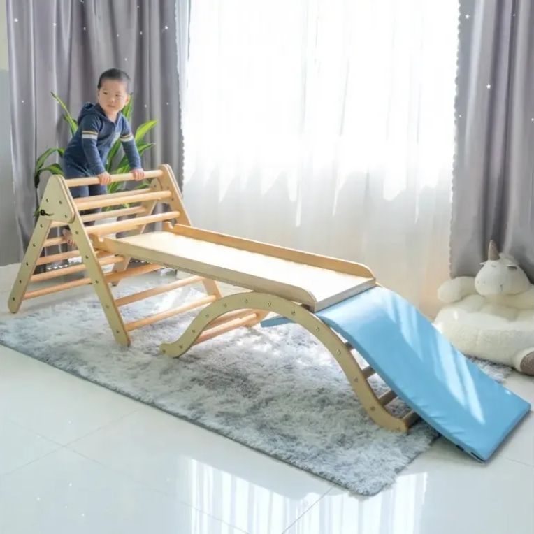 Montessori Wooden Kids Climbing Frames Picklers Triangle with Ramp Rocking Climbing Triangle for Indoor Playground Gym Furniture