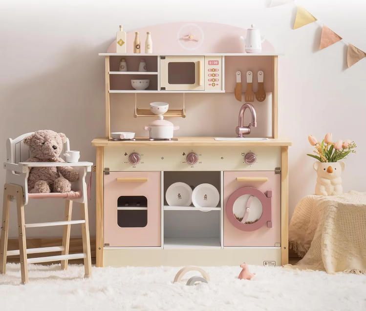 Modern Style Wooden Play Kitchen Set for Kids & Toddlers Realistic Accessories Plenty Play Features Gift for Girls Boys Aged 3+