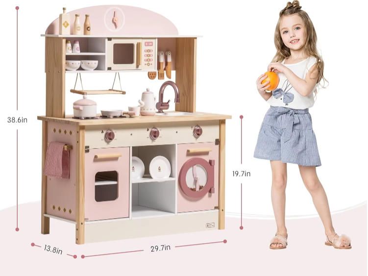 Modern Style Wooden Play Kitchen Set for Kids & Toddlers Realistic Accessories Plenty Play Features Gift for Girls Boys Aged 3+