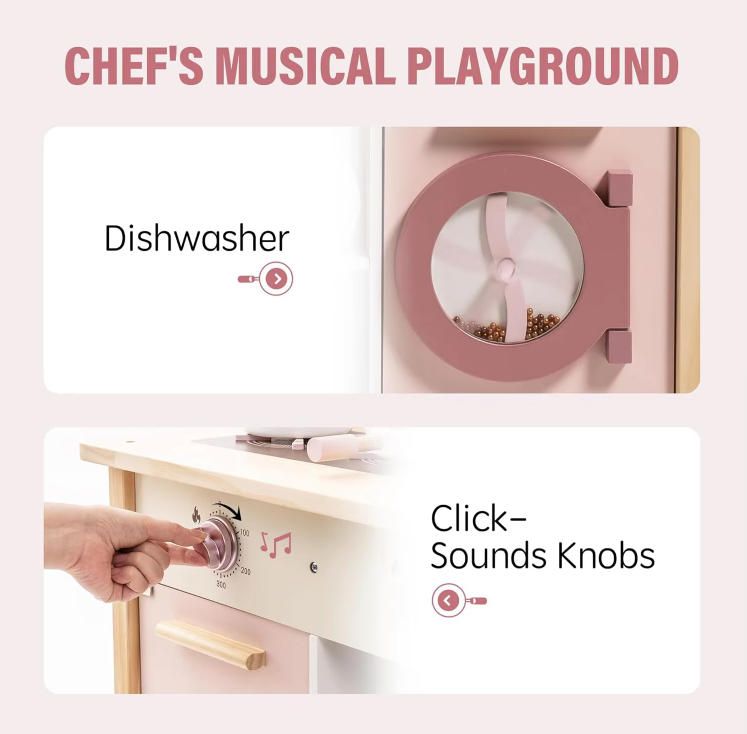 Modern Style Wooden Play Kitchen Set for Kids & Toddlers Realistic Accessories Plenty Play Features Gift for Girls Boys Aged 3+