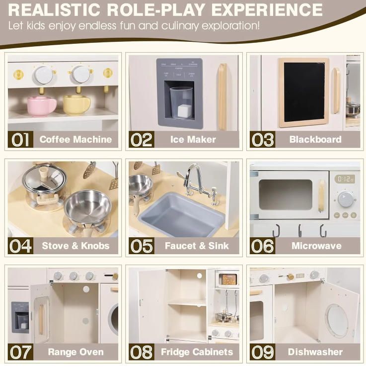 Wooden Kitchen & Food Toy for Kids Pretend Play Toy with Accessories for Girls and Boys