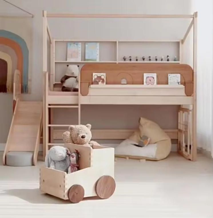 Multi-functional Solid Wood Ladder Stool Bedside Cabinet with Pull-out Cart and Book Storage