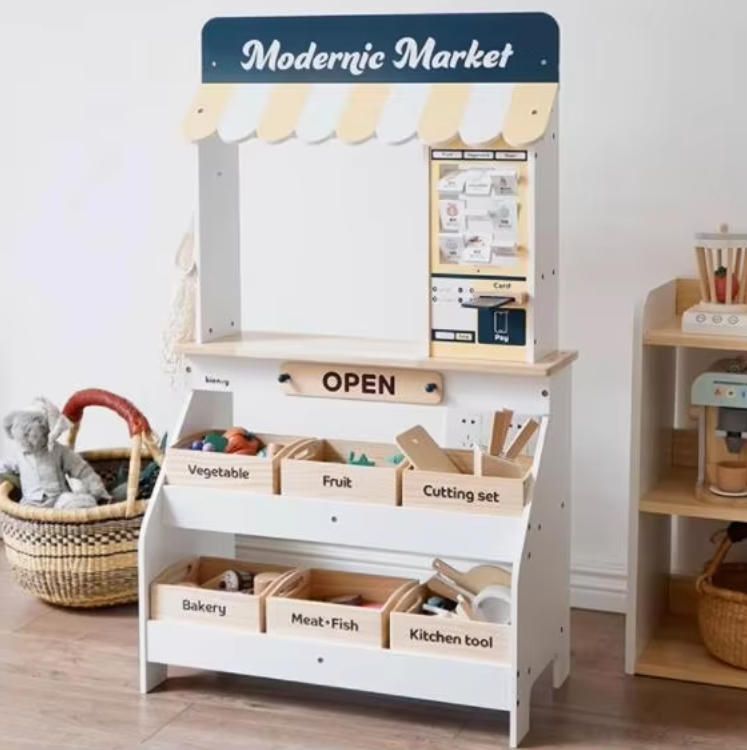 Wooden Toy Cash Register for Kids Play Store, Pretend Play Kitchen Set with Food for Toddlers