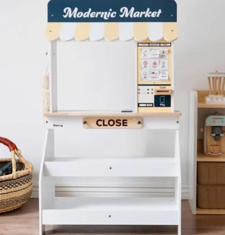 Wooden Toy Cash Register for Kids Play Store, Pretend Play Kitchen Set with Food for Toddlers