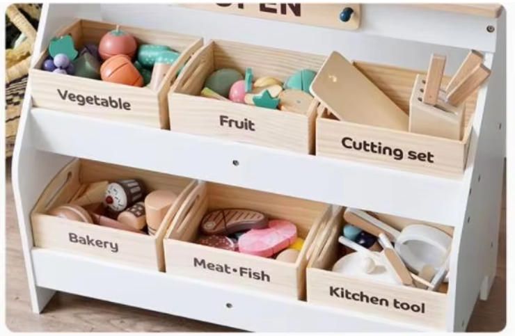 Wooden Toy Cash Register for Kids Play Store, Pretend Play Kitchen Set with Food for Toddlers