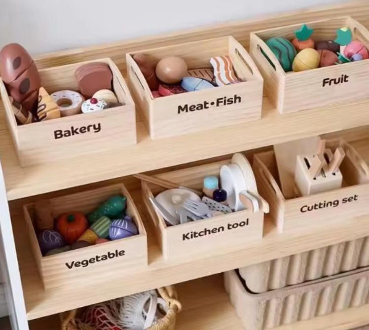 Wooden Toy Cash Register for Kids Play Store, Pretend Play Kitchen Set with Food for Toddlers