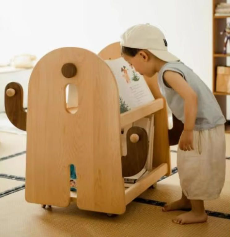 Solid Wood Rolling Bookshelf for Kids Double Sided Chalkboard Picture Book Display Toy Organizer for School Bedroom Living Room