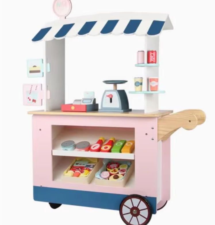 Wooden Toy Shop Cart with Realistic Cash Register - Kids Pretend Play Supermarket for Kindergarten