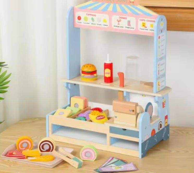 Wooden Toy Shop Cart with Realistic Cash Register - Kids Pretend Play Supermarket for Kindergarten