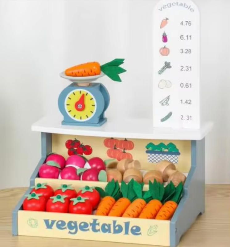 Wooden Toy Shop Cart with Realistic Cash Register - Kids Pretend Play Supermarket for Kindergarten