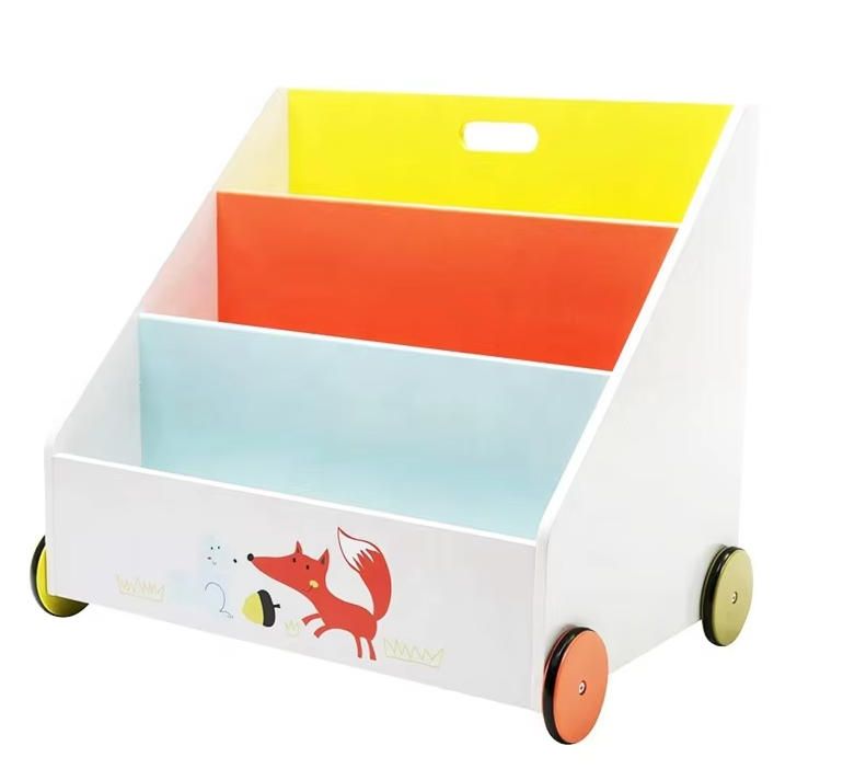 Bookcase on Wheels for Kids Toddler Toy Storage Unit Wooden Toy Box Creative Bookcase with Cute Animal Patterns