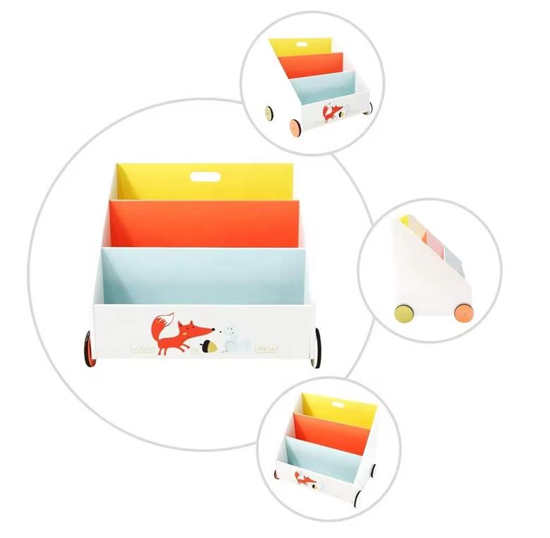 Bookcase on Wheels for Kids Toddler Toy Storage Unit Wooden Toy Box Creative Bookcase with Cute Animal Patterns