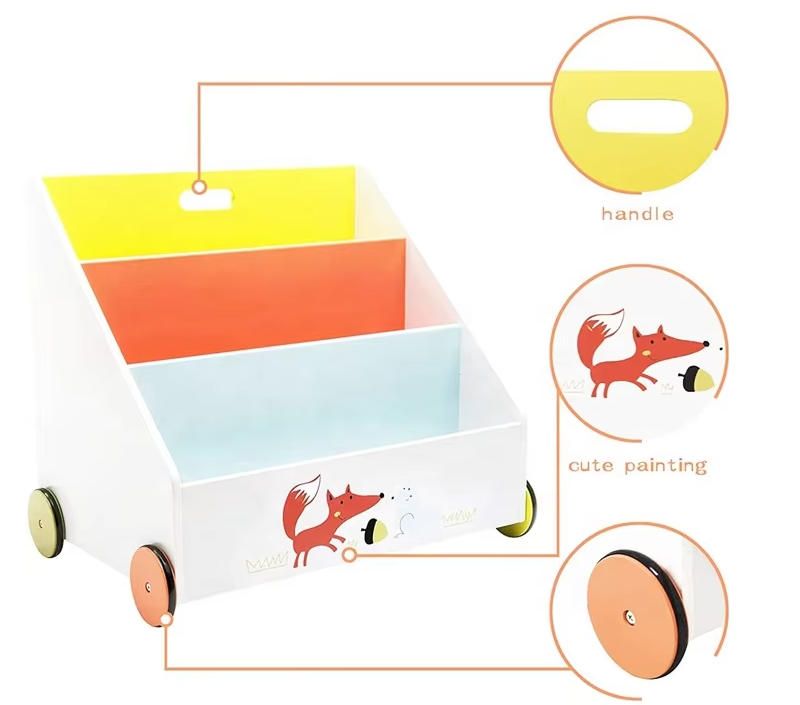 Bookcase on Wheels for Kids Toddler Toy Storage Unit Wooden Toy Box Creative Bookcase with Cute Animal Patterns