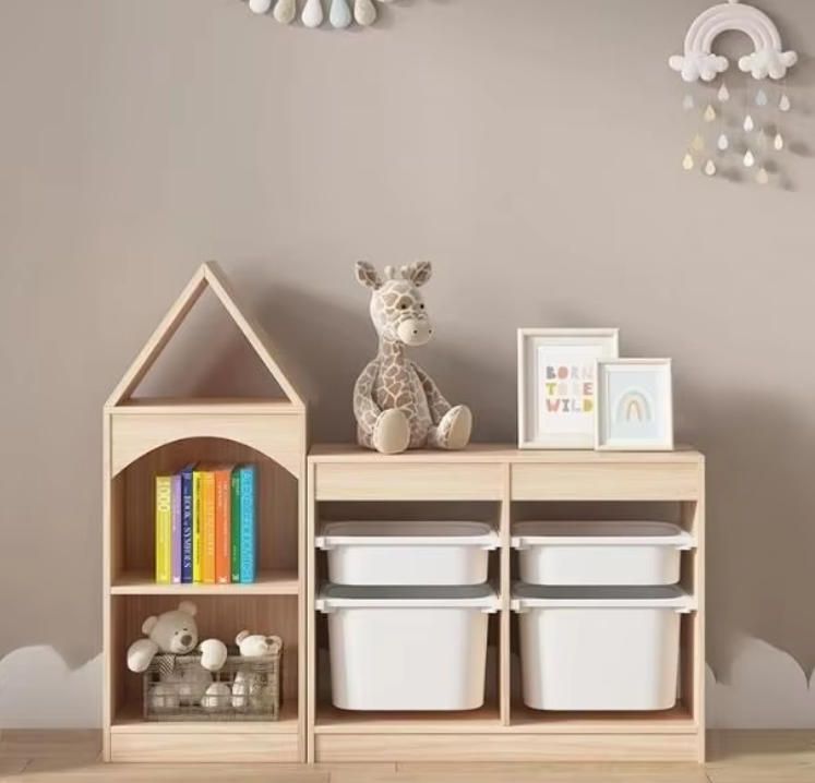 Kids Floor-standing Bookshelf with Picture Book and Toy Storage Woodcrafts Organizer for Kindergarten