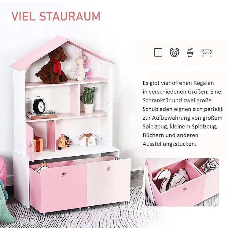 Kids Pink Bookshelf Chest Drawer Wheels Baby Toy Wood Organizer Display Stand Storage Cabinet for Bedroom Living Room School
