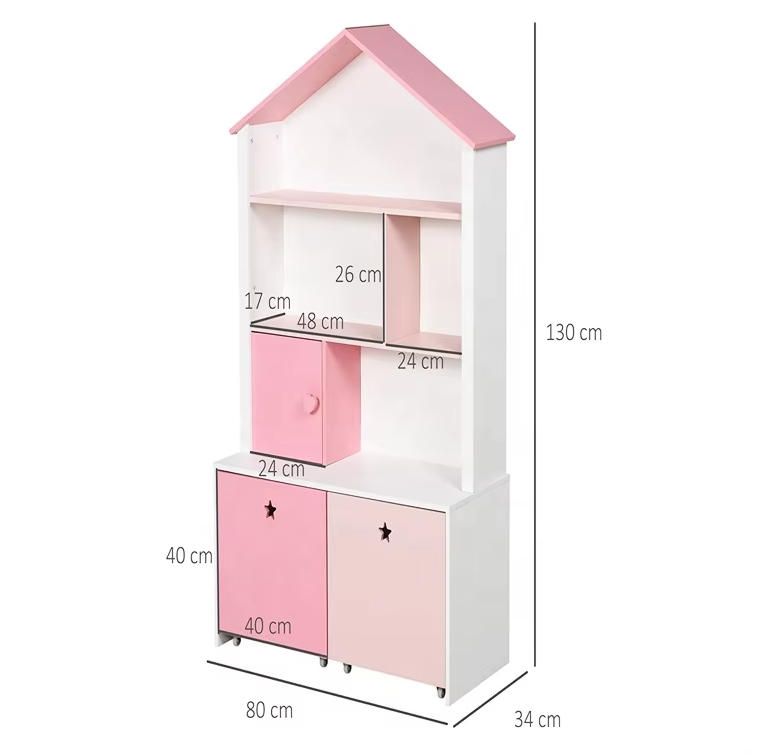 Kids Pink Bookshelf Chest Drawer Wheels Baby Toy Wood Organizer Display Stand Storage Cabinet for Bedroom Living Room School