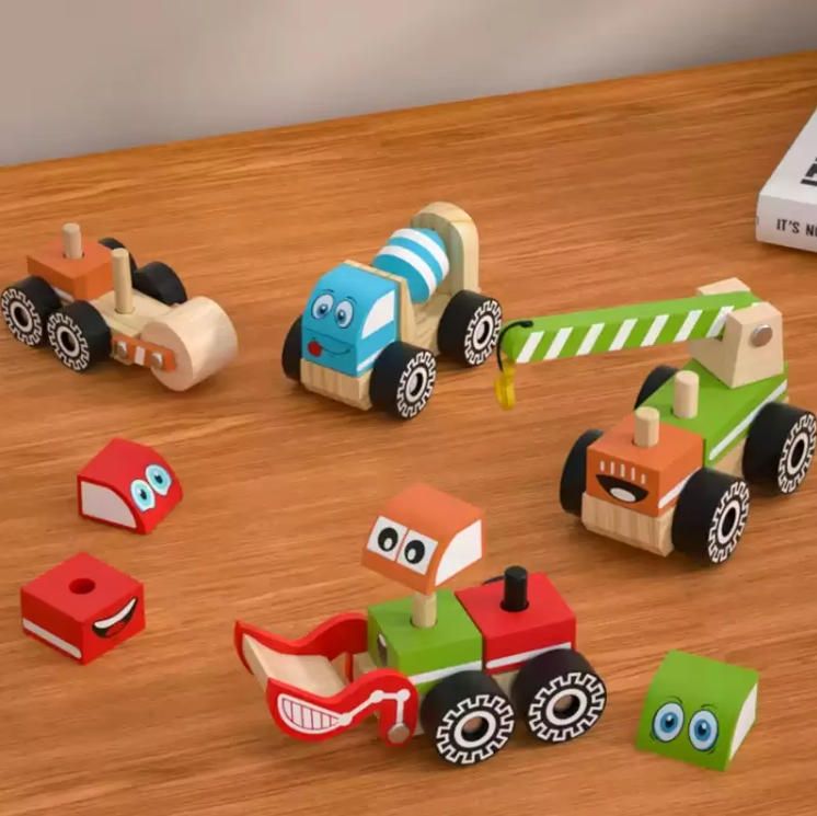 Unisex DIY Assembly Engineering Vehicle with Crane and Car Model Wood Construction Toy for Children Screw Blocks Product