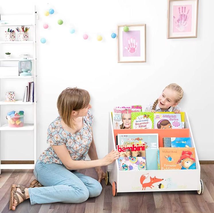 Modern Wooden Toy Storage Cabinet for Toddlers Bookcase on Wheels with Cute Animal Patterns for School Use