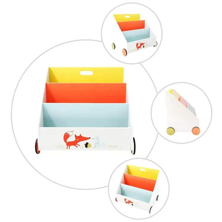 Modern Wooden Toy Storage Cabinet for Toddlers Bookcase on Wheels with Cute Animal Patterns for School Use