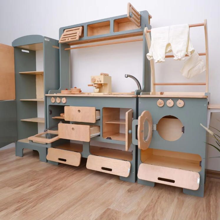 Wooden MDF Kitchen & Food Toys for Kids Including Washing Machine & Household Utensils