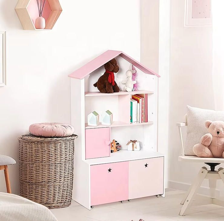 Modern Kids Bookshelf Chest Drawer with Wheels 80x34x130cm Wood Organizer Display Stand Storage Cabinet for Bedroom & School