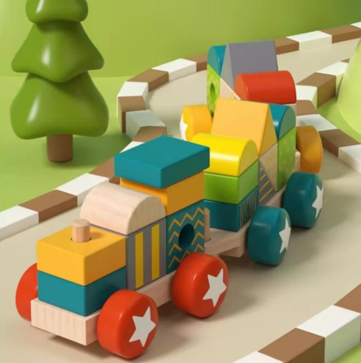 Wooden Train Building Blocks with Large Particles, Baby Early Education Puzzle Toys, 1-2 Pairs, for Children