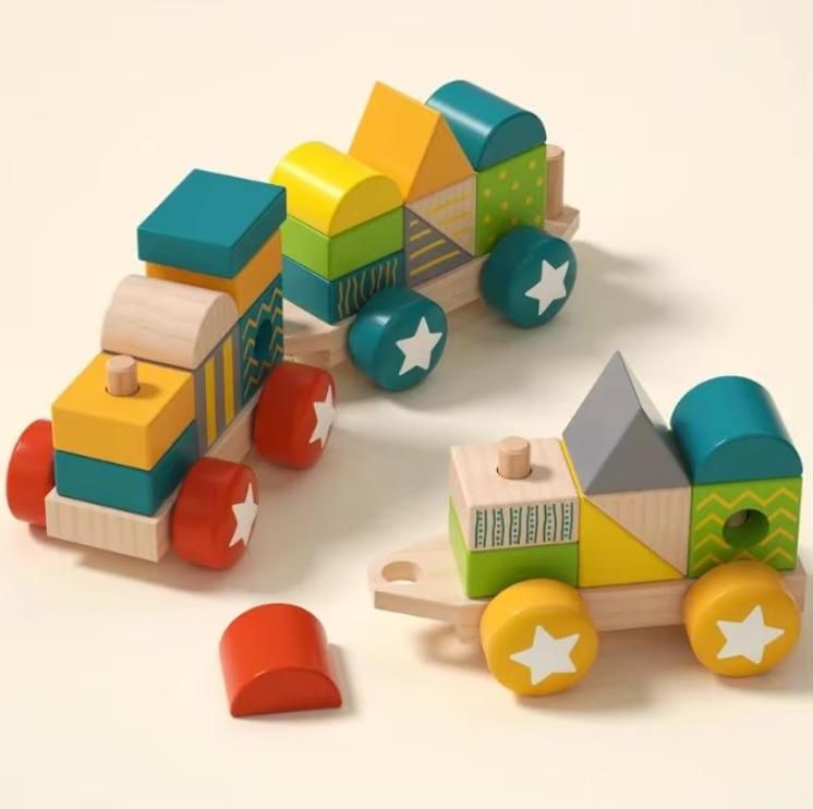 Wooden Train Building Blocks with Large Particles, Baby Early Education Puzzle Toys, 1-2 Pairs, for Children