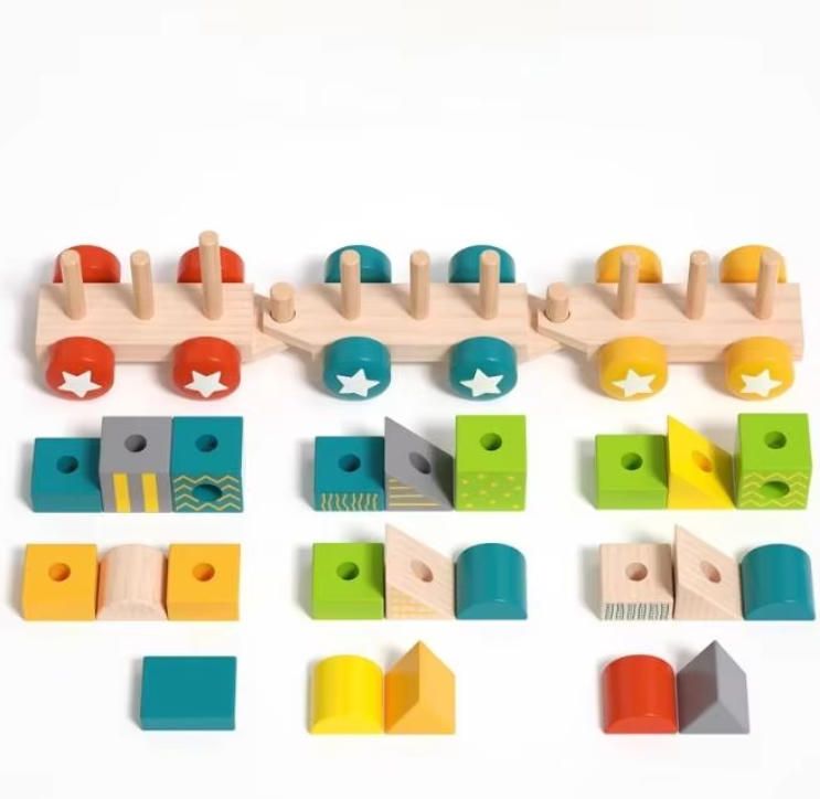 Wooden Train Building Blocks with Large Particles, Baby Early Education Puzzle Toys, 1-2 Pairs, for Children