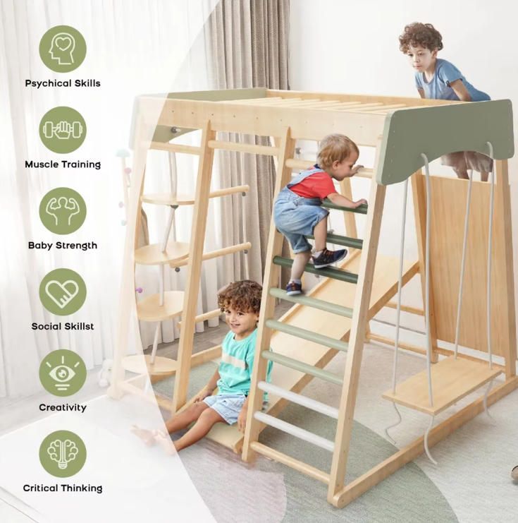 Extra Large 8-in-1 Kids Wood Climbing Set for Play and Fun with Wood Climber and Slide