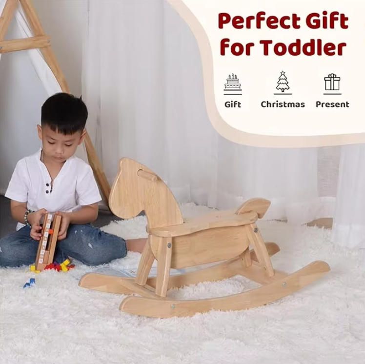 Funny Foldable Rocking Horse Toddlers Aged 2-4 Durable Rubber Wood Enhanced Rocking Base Smooth Surface Wooden Classic Toy