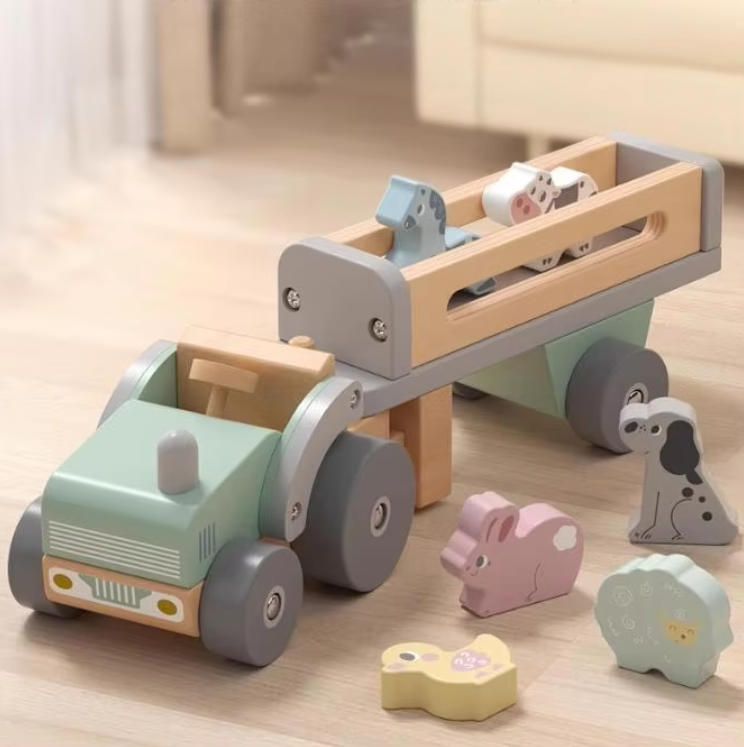Unisex Wooden Construction Toy Truck Car Tractor & Animal Transport Vehicle with Inertia Sliding for Children of All Ages