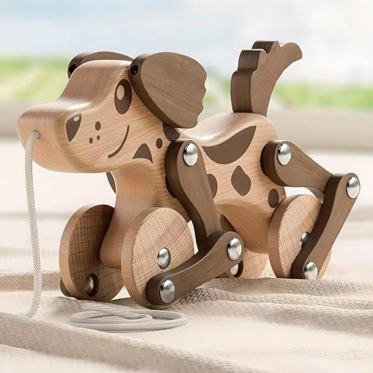 Montessori Wooden Pull Dog Toy for 1-2-3-4 Years Old Boys & Girls Stacking Toys for Baby Toddler Walk Puppy Pull Push Toy