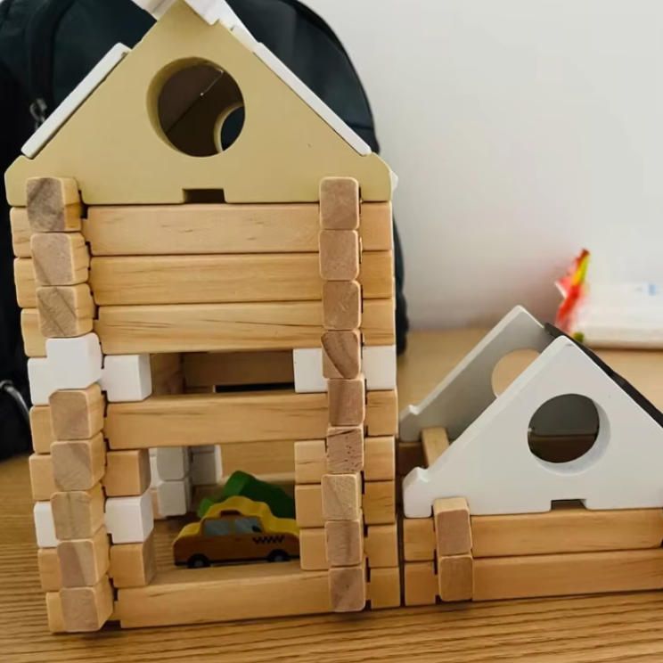 Intelligence Hut and House Design Wooden Puzzle Luban Lock Building Blocks Construction Toy Gift for Children's Woodcraft Play