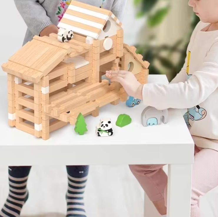 Intelligence Hut and House Design Wooden Puzzle Luban Lock Building Blocks Construction Toy Gift for Children's Woodcraft Play