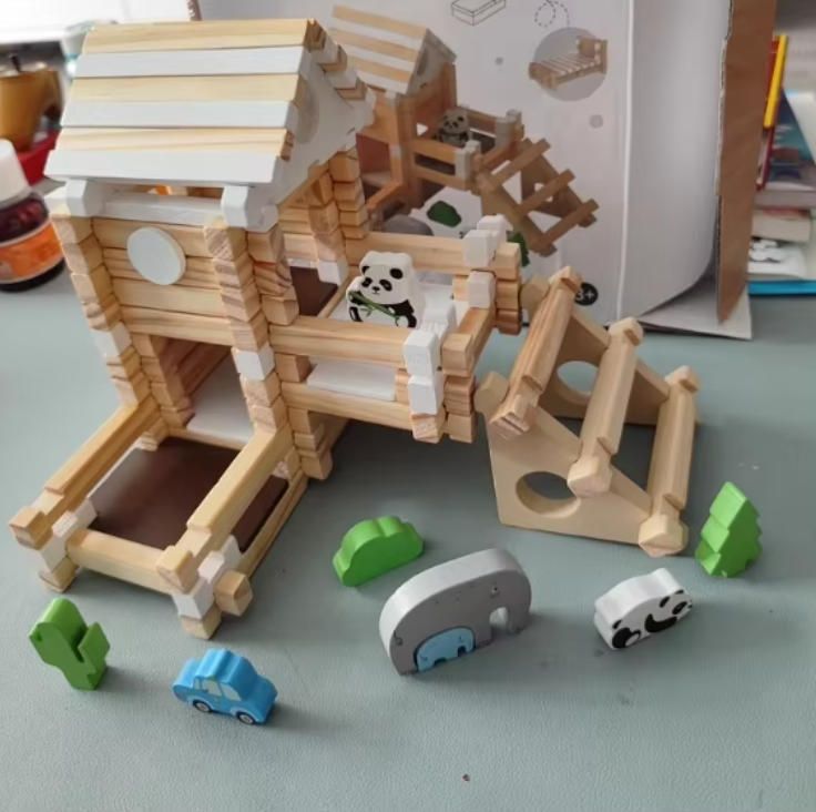 Intelligence Hut and House Design Wooden Puzzle Luban Lock Building Blocks Construction Toy Gift for Children's Woodcraft Play