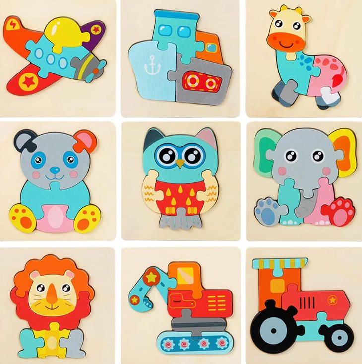 12-Pack Wooden Jigsaw Puzzles Toddlers Montessori Educational Sorting Stacking Toys 1-3 Years Old Early Learning Boys Girls
