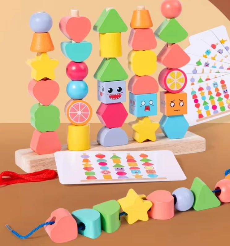 Unisex Montessori-Inspired Wood Stacking Toys 1-2 Years Old Early Education Puzzle Bead String Building Blocks Construction Toy