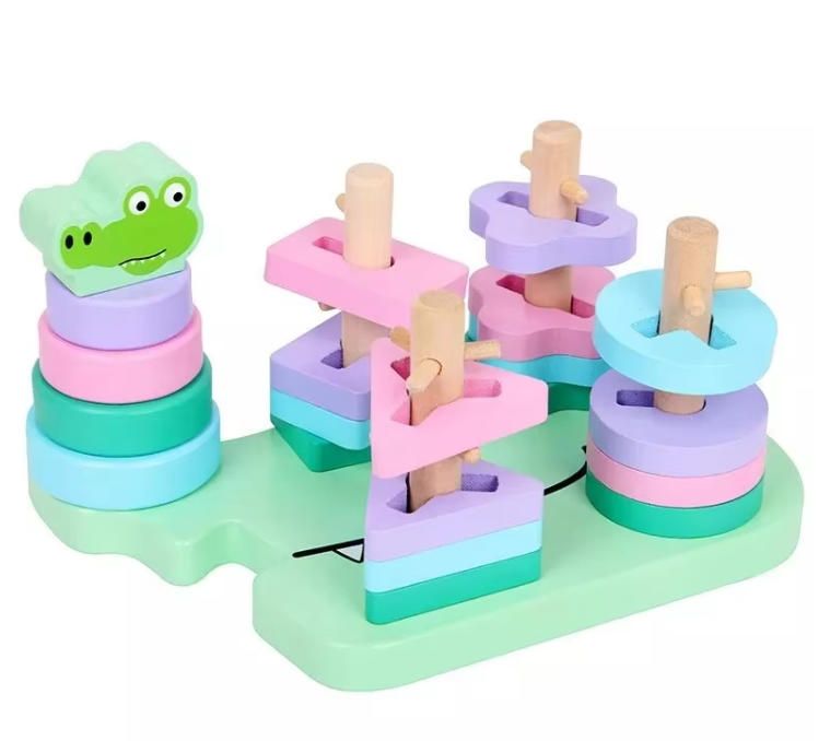 Wooden Puzzles Building Toys Geometric Shapes Recognition Stack Sort Kids