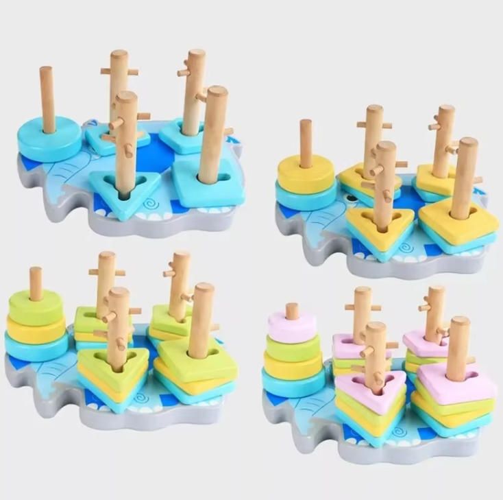Wooden Puzzles Building Toys Geometric Shapes Recognition Stack Sort Kids