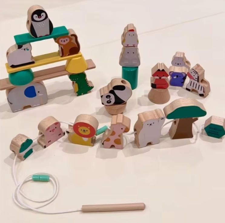 Montessori-Inspired Large Wood Bead Building Blocks Kids Puzzle Toys for Stack & Thread Teaching Aids Box Packed