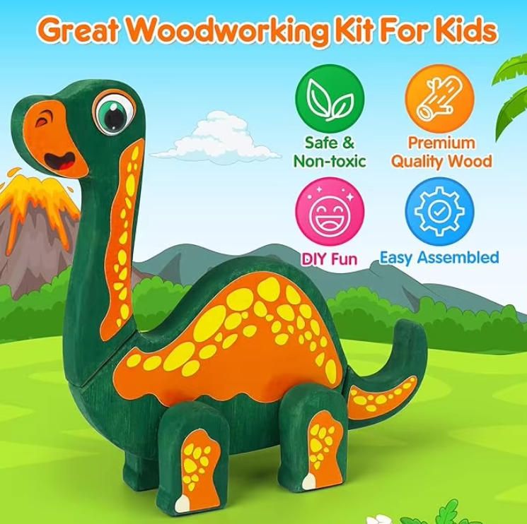 Wooden Dinosaur Painting Art Craft Kit for Kids 3-5 Take Apart Snap Together Building Toy STEM Game & Creative Gift Boys Girls