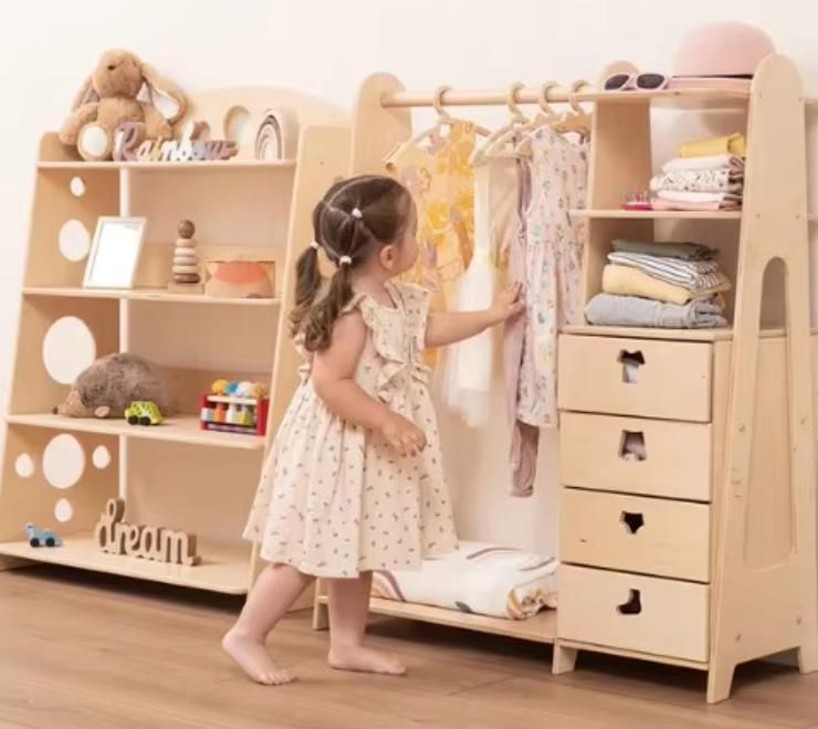 Modern Kids Clothes Storage Cabinet with Hangers Drawers Baby Wardrobe Organizer for Children's Room for Living Room