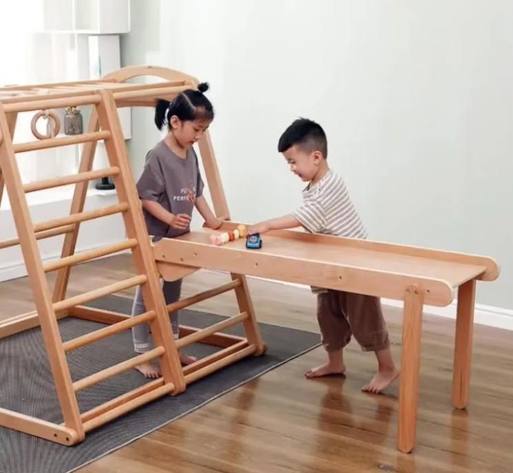 Kids Indoor Wooden Climbing Frames with Ladder Bar Wood Indoor Gym Set for Play & Exercise