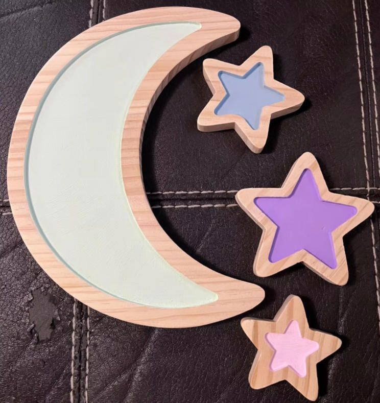 Moon Stars 3D Wooden Sticker Handmade Woodcrafts for Baby Nursery Wall Decal Children's Bedroom Home Decorations for Baby Room