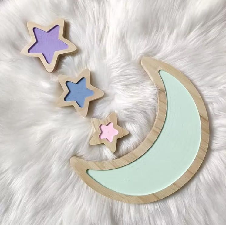 Moon Stars 3D Wooden Sticker Handmade Woodcrafts for Baby Nursery Wall Decal Children's Bedroom Home Decorations for Baby Room